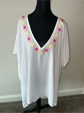 Freshwater White V-Neck Embroidered Floral Swim Cover-Up Beach Vacation Resort